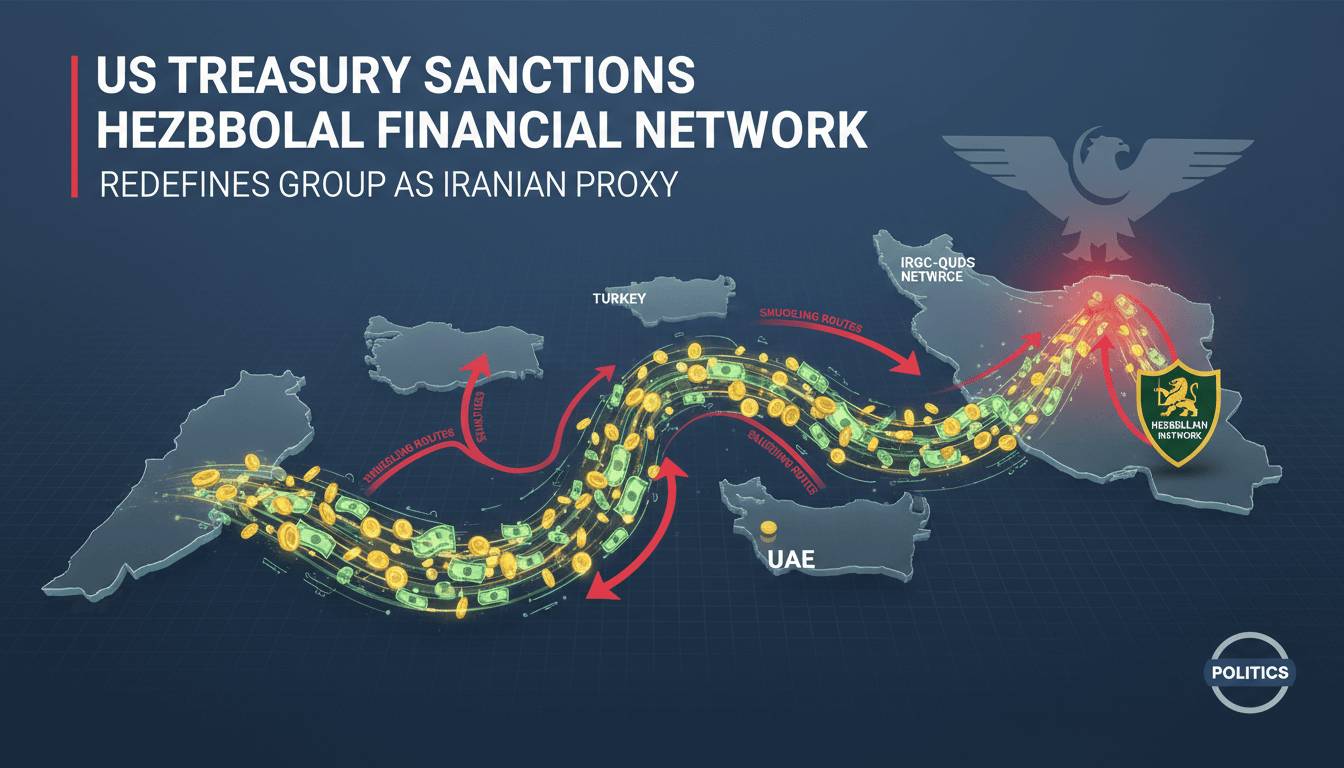 Infographic illustrating Hezbollah's cash-smuggling network and its connections across Lebanon, Turkey, UAE, and Iran.