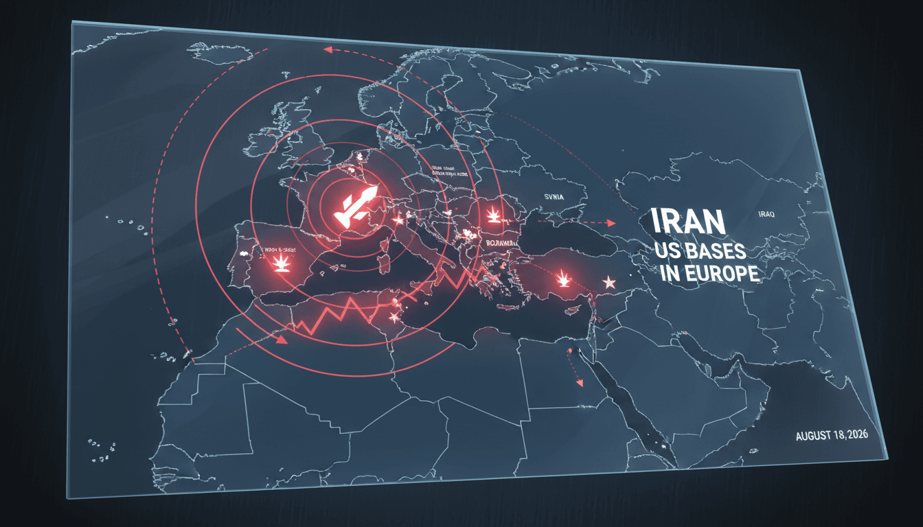 Map showing US military bases in Europe and their proximity to Iran, highlighting potential conflict zones.