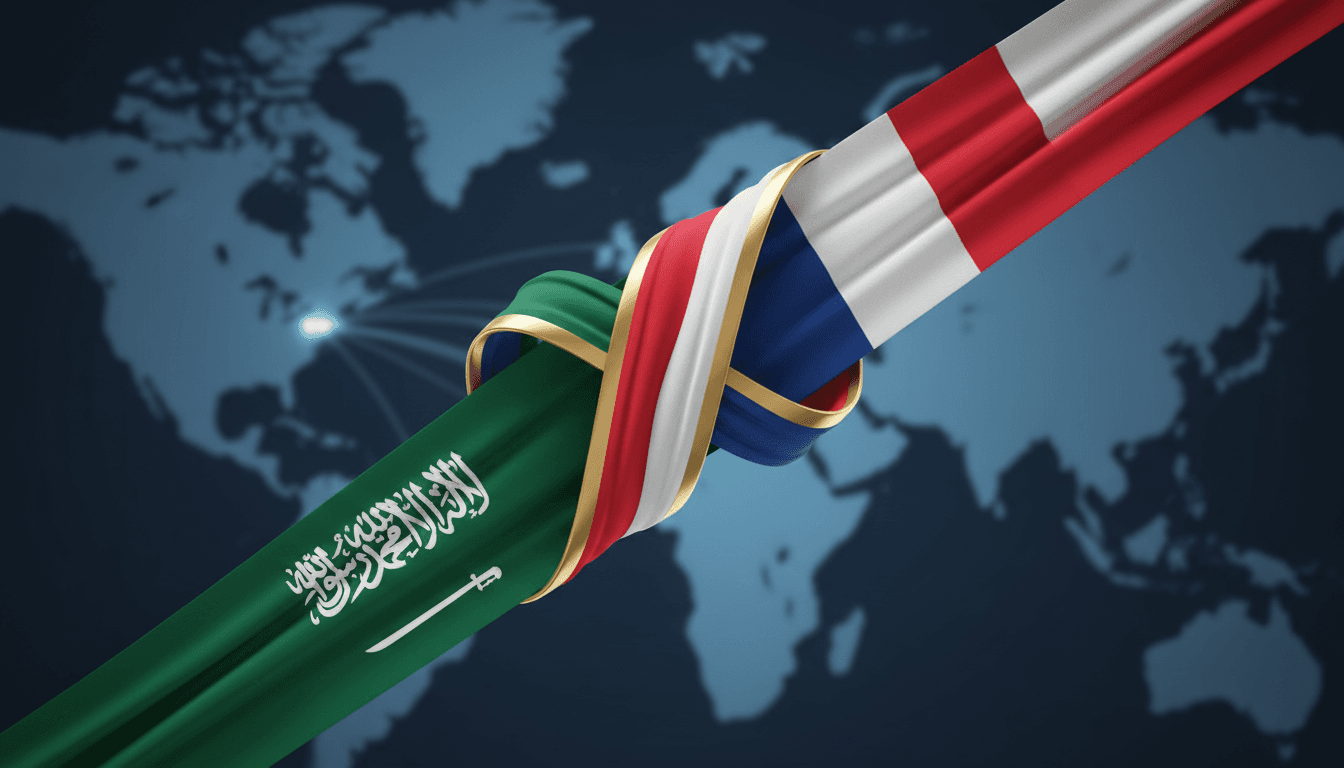 Flags of Saudi Arabia and France intertwined, symbolizing the strengthening of Franco-Saudi strategic partnership.