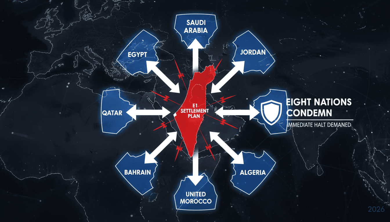 Map highlighting the E1 settlement area and countries condemning the plan, emphasizing international diplomatic efforts.