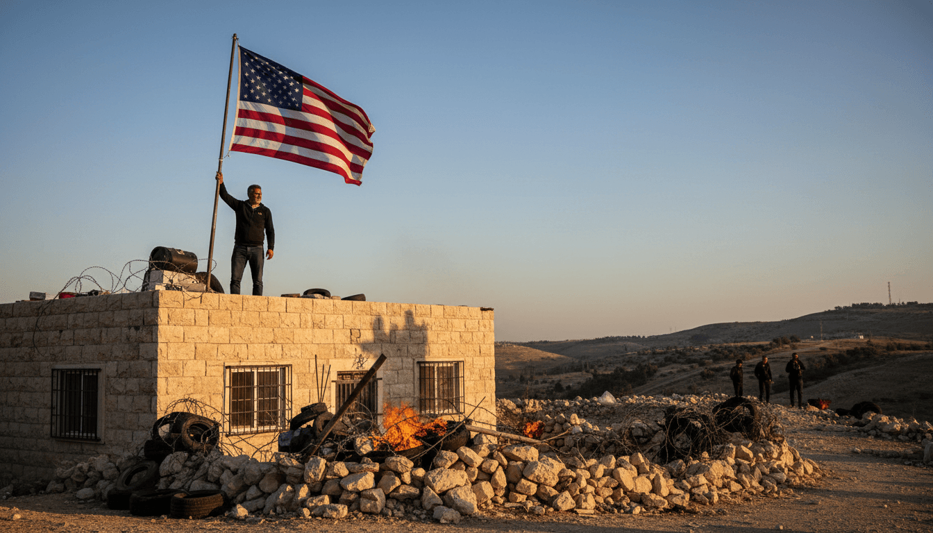 Louai Abu Ridi raising the US flag at his home in Qusra, West Bank, amidst a settler siege.