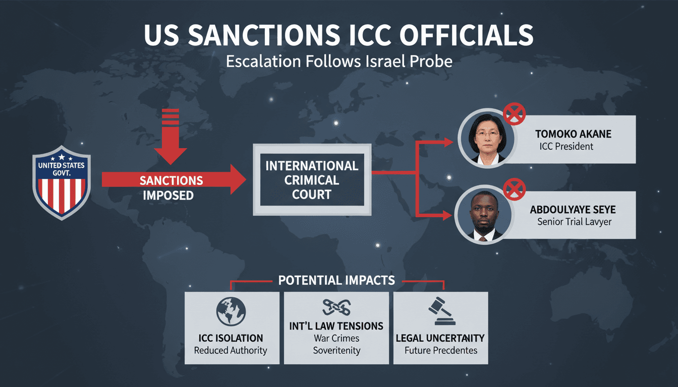 Infographic showing US sanctions against ICC officials and their impact on international law and justice mechanisms.
