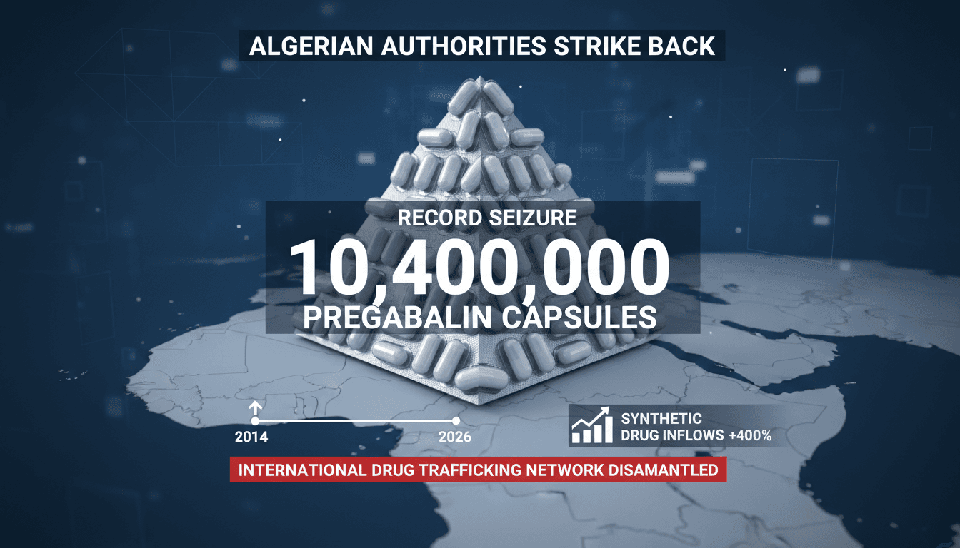Infographic detailing Algeria's record seizure of 10.4 million Pregabalin capsules and its implications for drug trafficking.