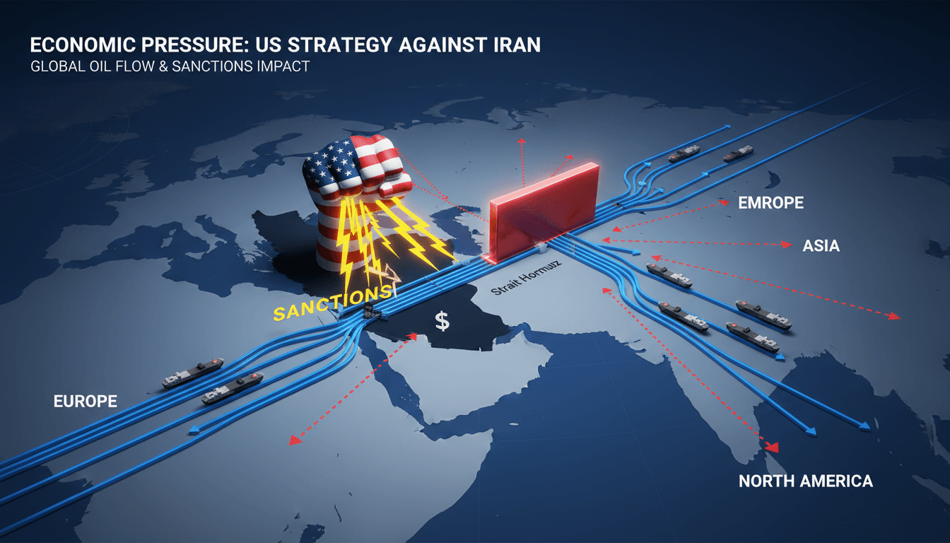 Infographic showing oil flow through the Strait of Hormuz and impacts of U.S. sanctions on Iran.