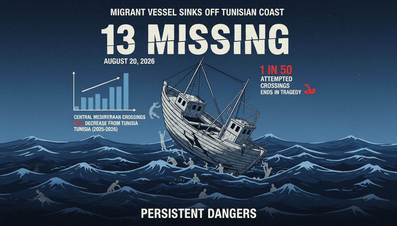 A graphic depicting a migrant vessel sinking off the Tunisian coast, emphasizing the risks of Mediterranean migration.