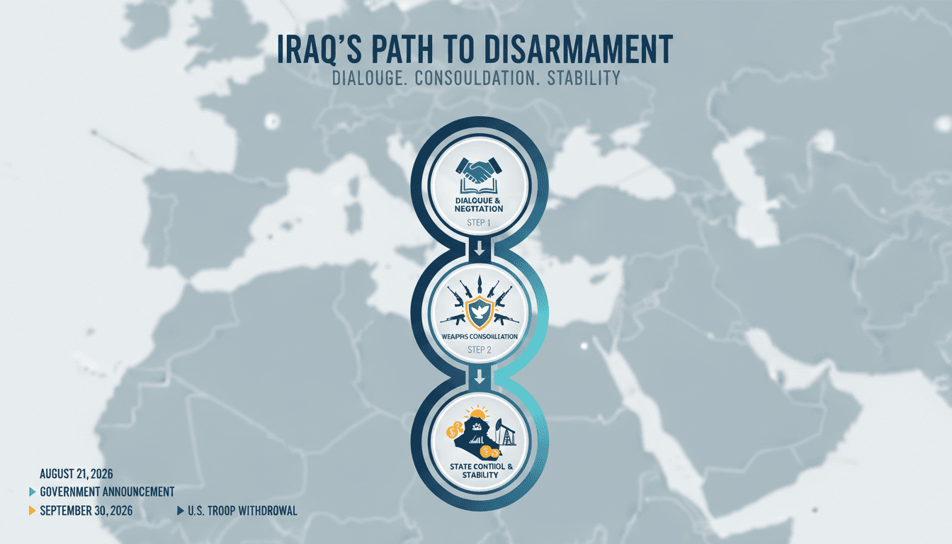 Infographic showing the three steps of Iraq's disarmament process led by Prime Minister Ali al-Zaidi.