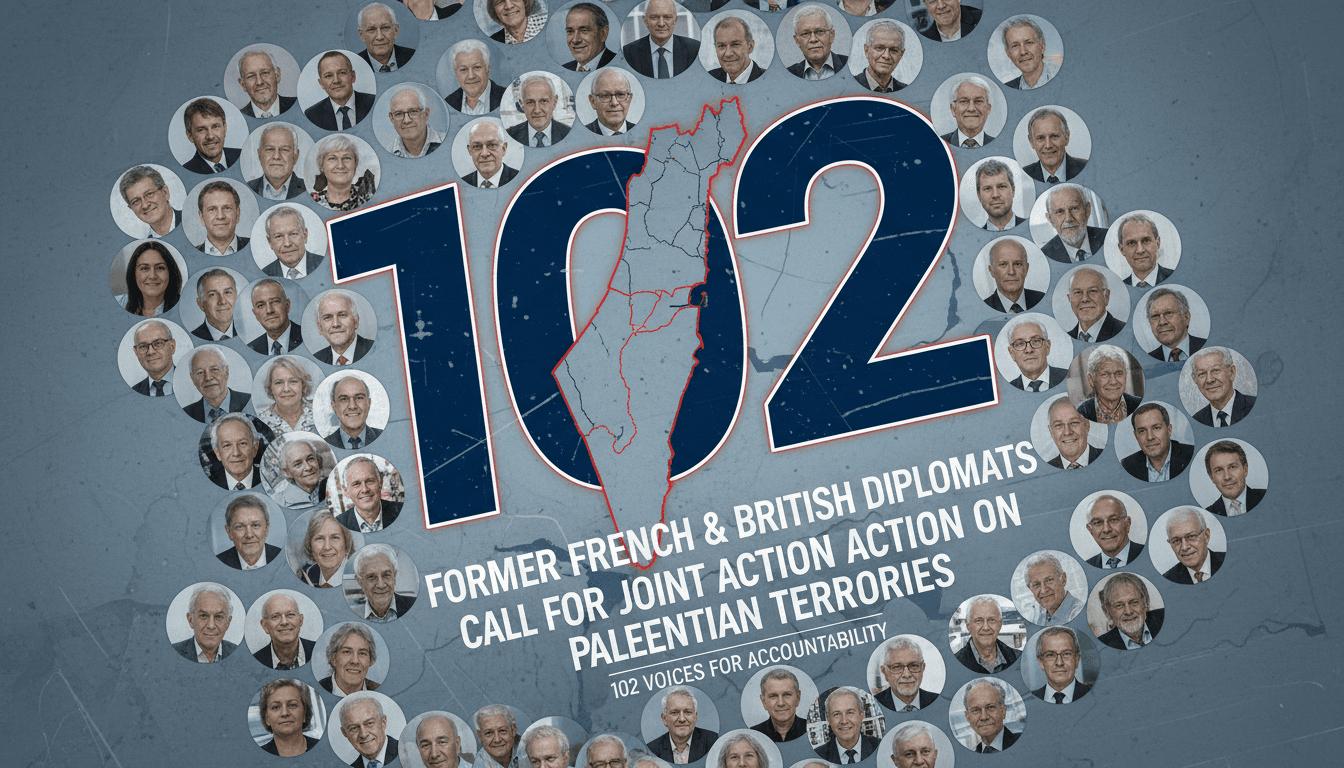 A graphic showing the number 102 with images of diplomats and a map of Palestinian territories.