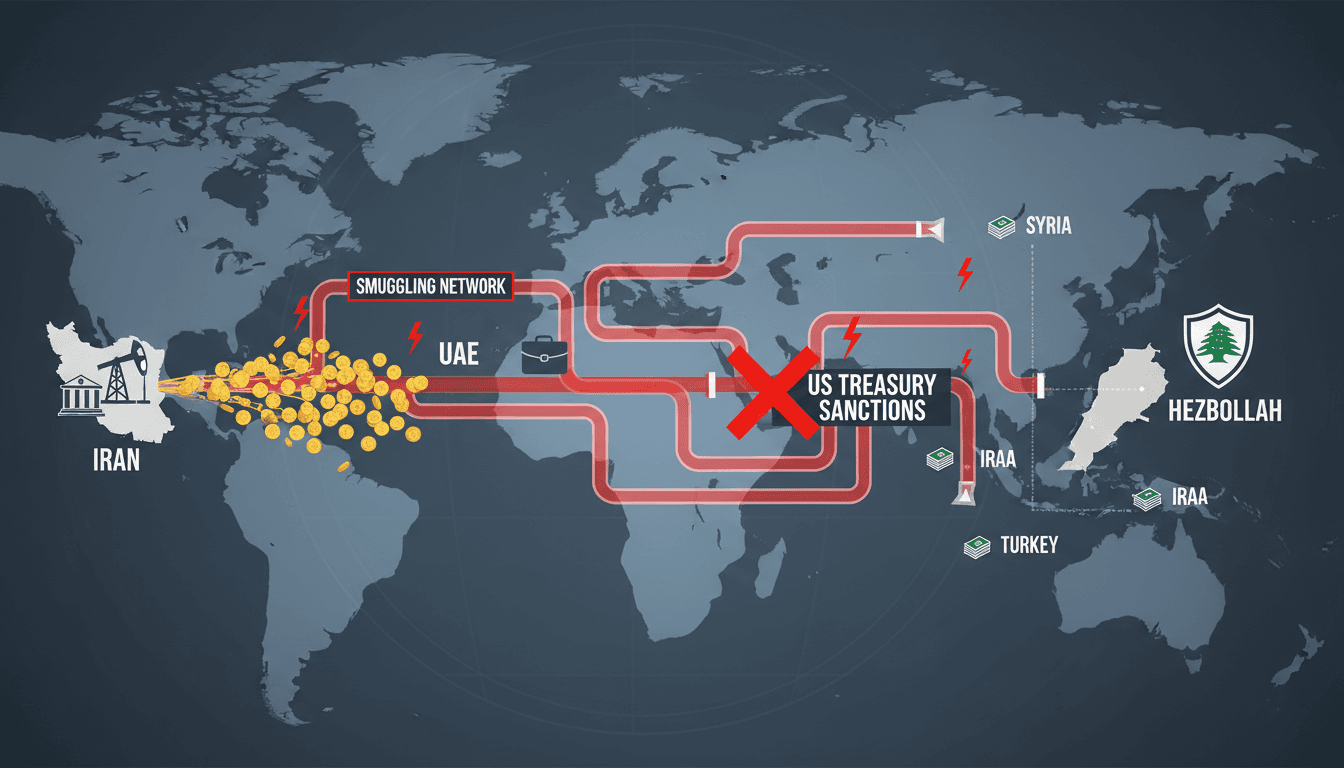Infographic showing the financial flow from Iran to Hezbollah, detailing the smuggling network's routes.