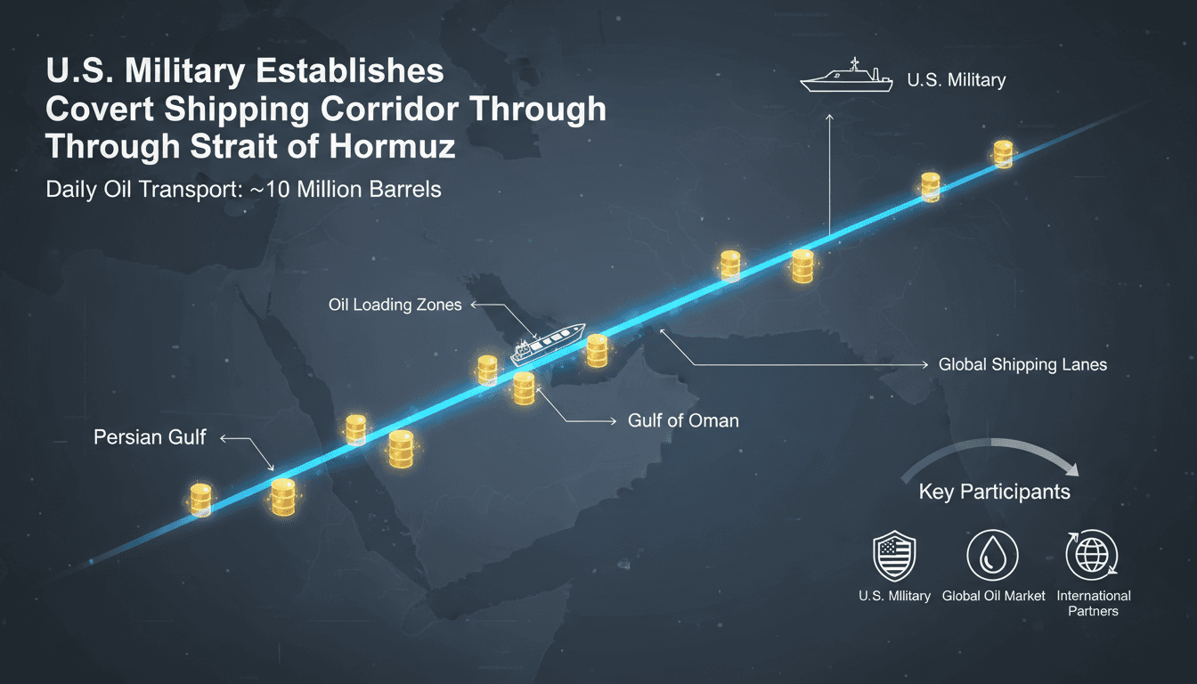 An infographic showing the U.S. military's shipping corridor through the Strait of Hormuz, highlighting oil transport volumes and key participants.