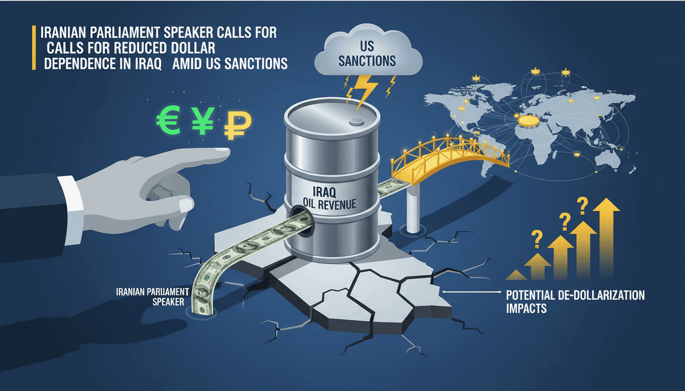 Infographic illustrating Iraq's oil revenue dependence and the call for reduced dollar reliance by Iranian Speaker Qalibaf.