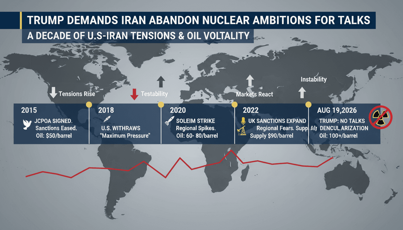 Infographic showing U.S.-Iran negotiation timeline and impacts on oil prices.
