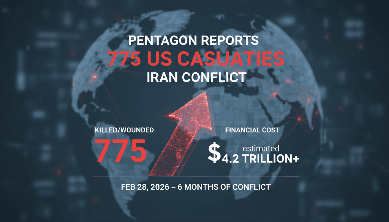 Infographic showing Pentagon casualty updates and financial costs in the Iran conflict.