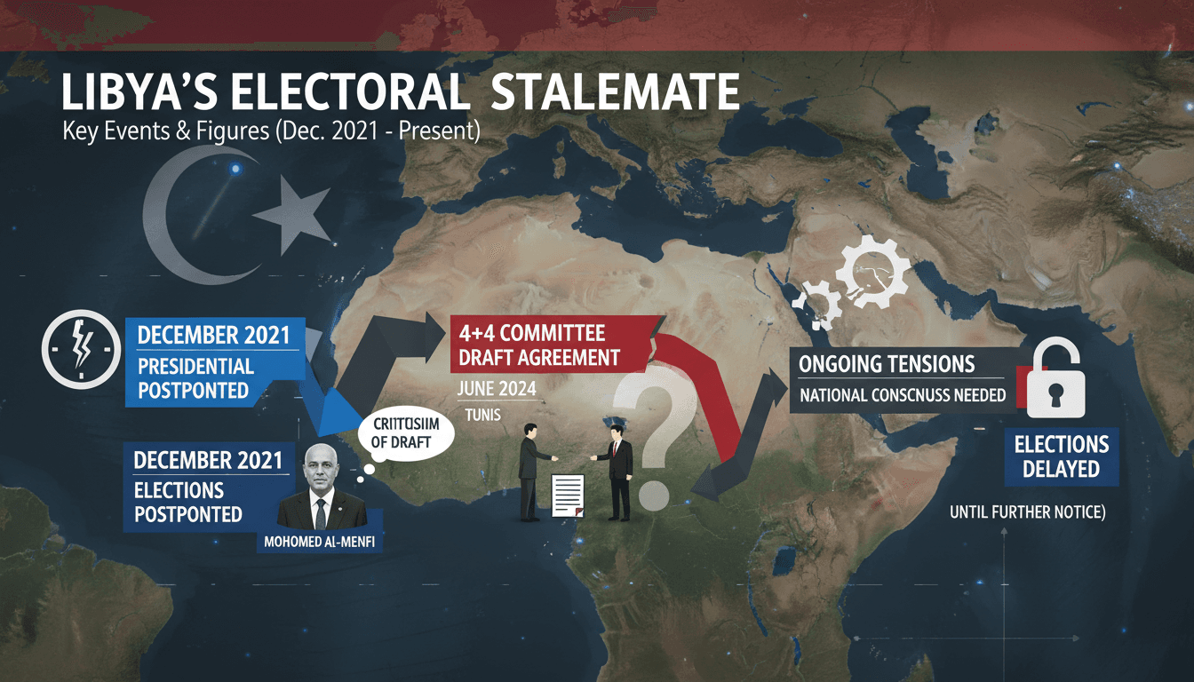 Infographic showing the timeline of stalled elections in Libya since December 2021, highlighting key political figures and events.
