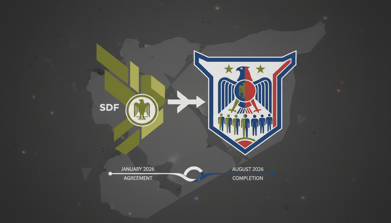 Infographic showing the integration of SDF personnel into Syrian state institutions and its implications for regional stability.