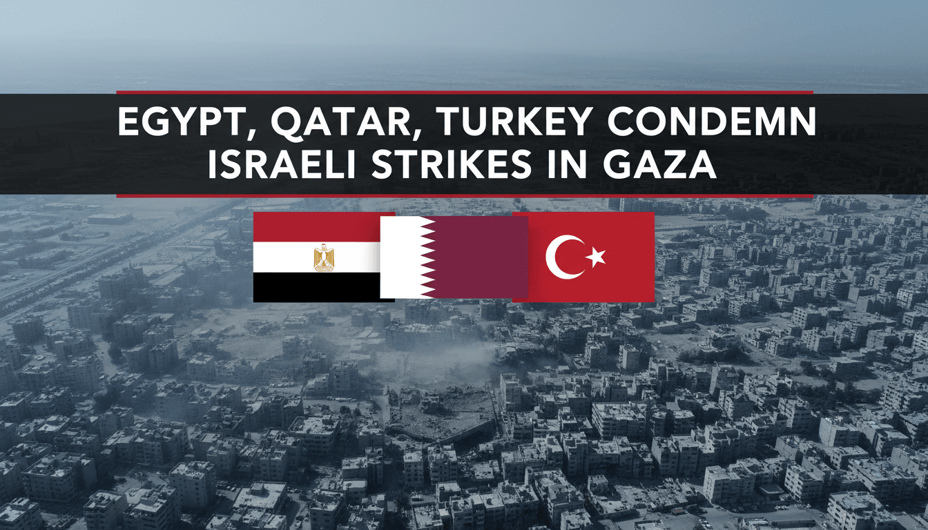 Flags of Egypt, Qatar, and Turkey with Gaza Strip in the background, highlighting the condemnation of Israeli strikes.