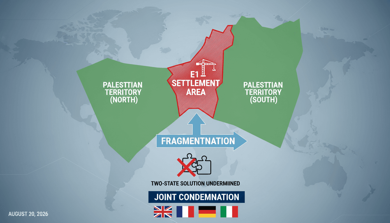 Infographic showing the E1 settlement area and its implications for Palestinian territory and international relations.