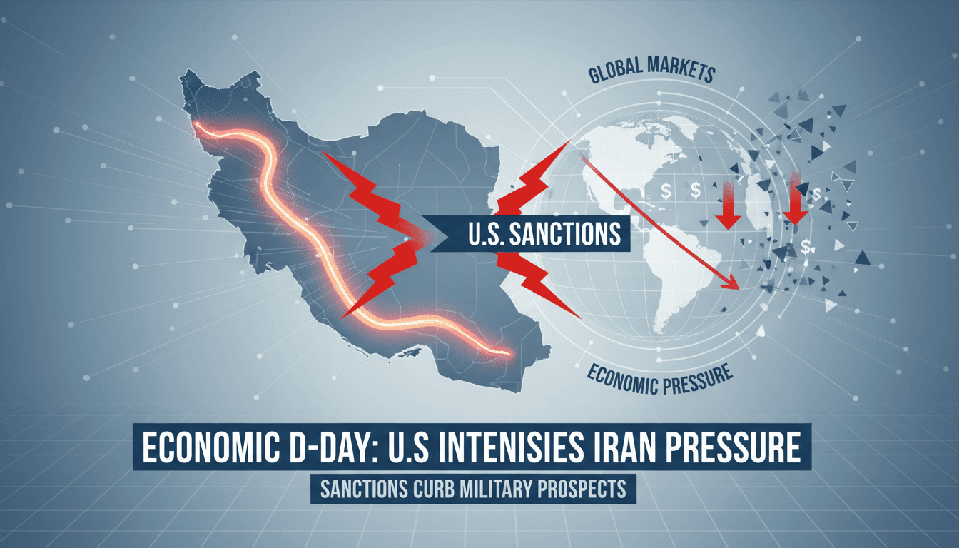 Infographic showing oil flow through the Strait of Hormuz and U.S. sanctions impact on Iran's economy.