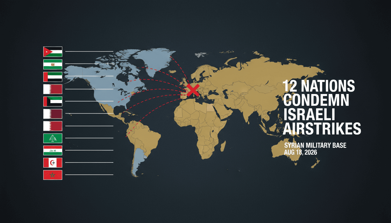 Flags of Jordan and 12 nations condemning Israeli airstrikes on Syria, with a map of the airstrike location.