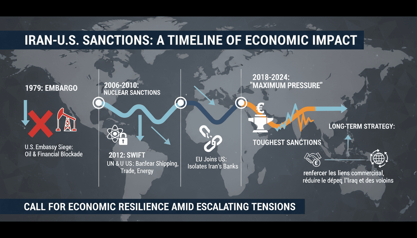 Infographic depicting the timeline of U.S. sanctions on Iran and their economic impacts.