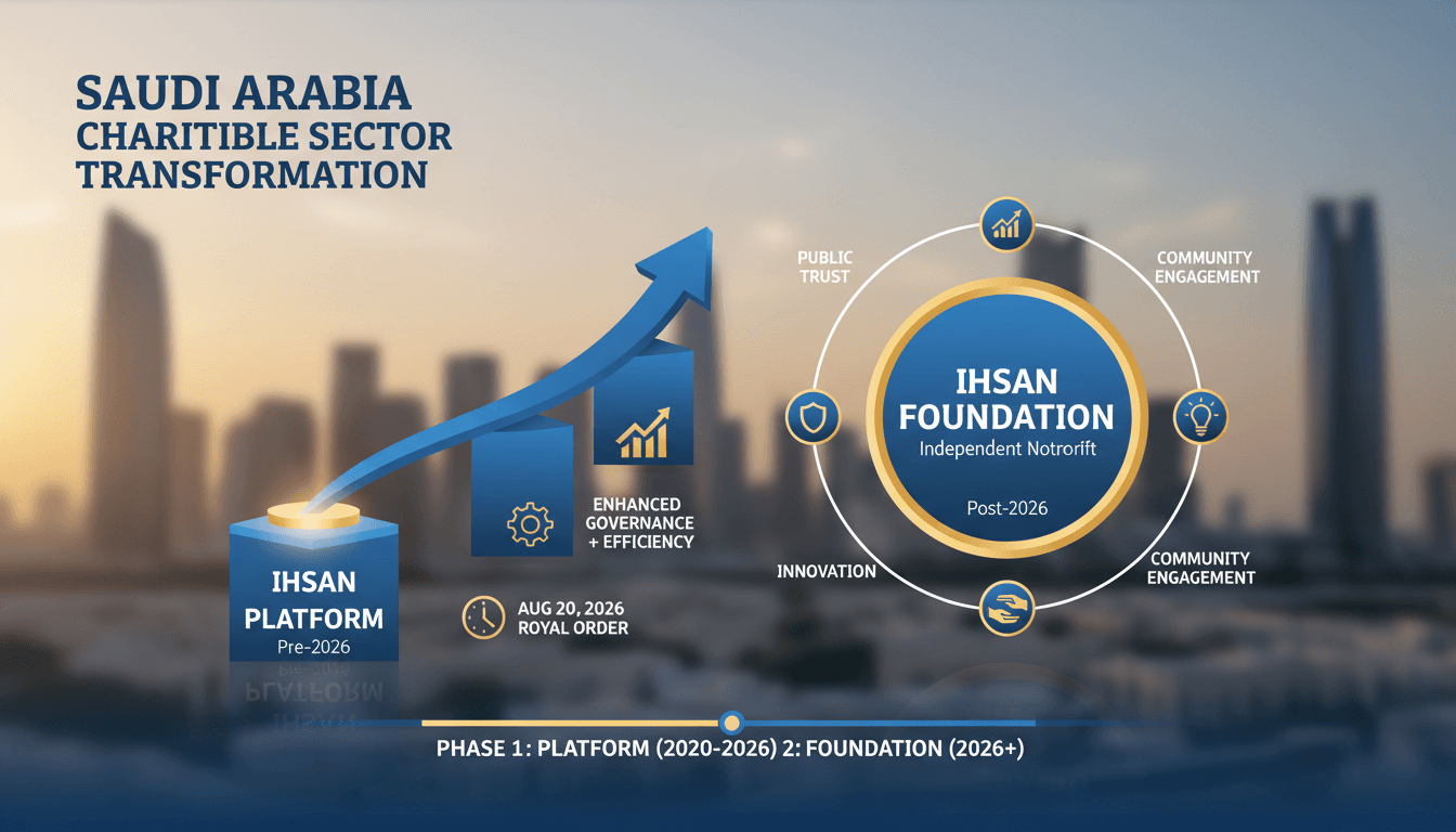 Infographic showing the transformation of Saudi Arabia's Ihsan platform into an independent nonprofit foundation, highlighting key statistics.