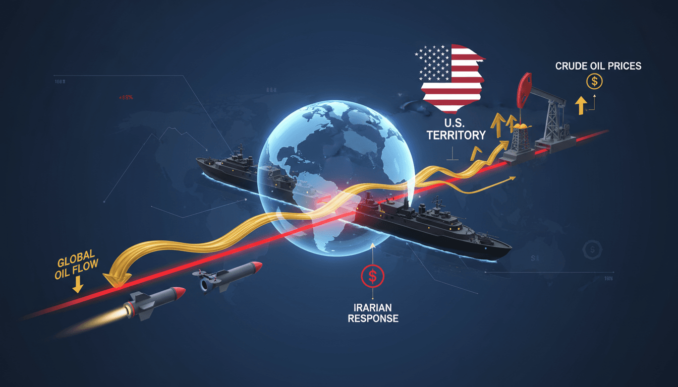 An infographic showing the Strait of Hormuz's significance in global oil supply and the impact of Trump's declaration.