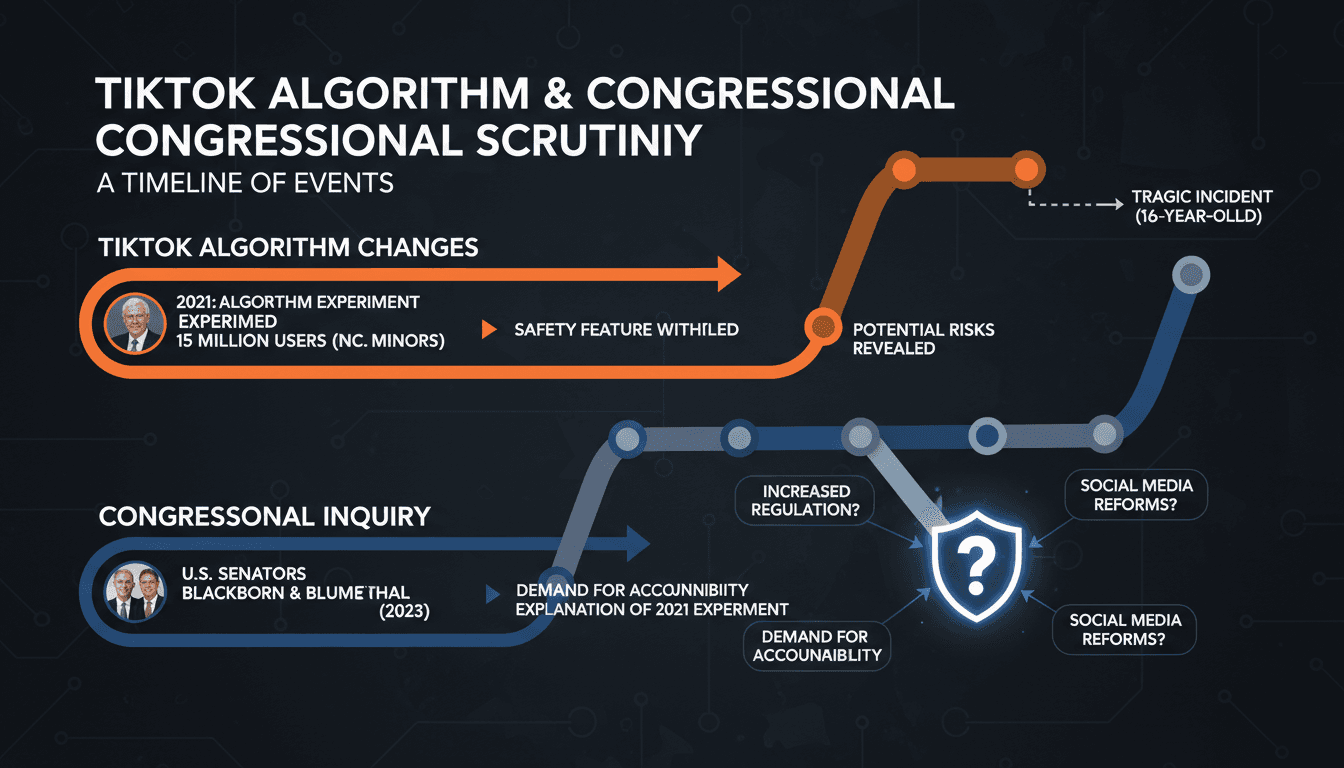 Infographic showing TikTok's algorithm changes and the congressional inquiry timeline.