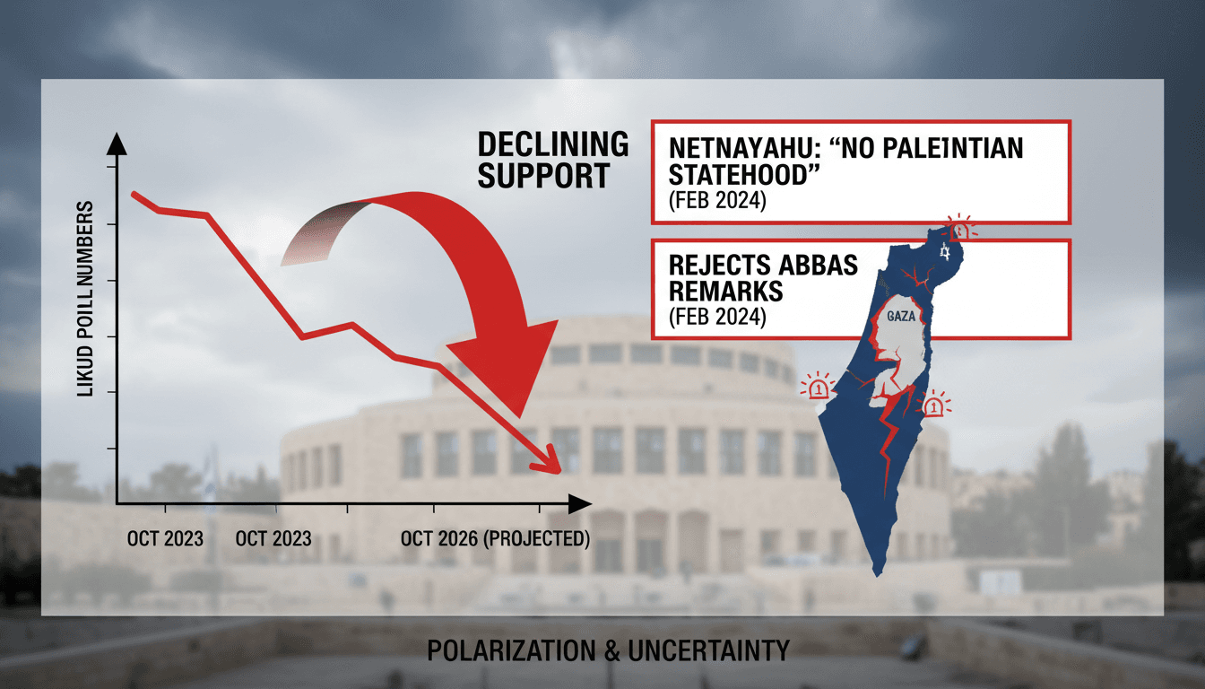Netanyahu speaking at a conference, emphasizing his rejection of Palestinian statehood amidst political challenges.
