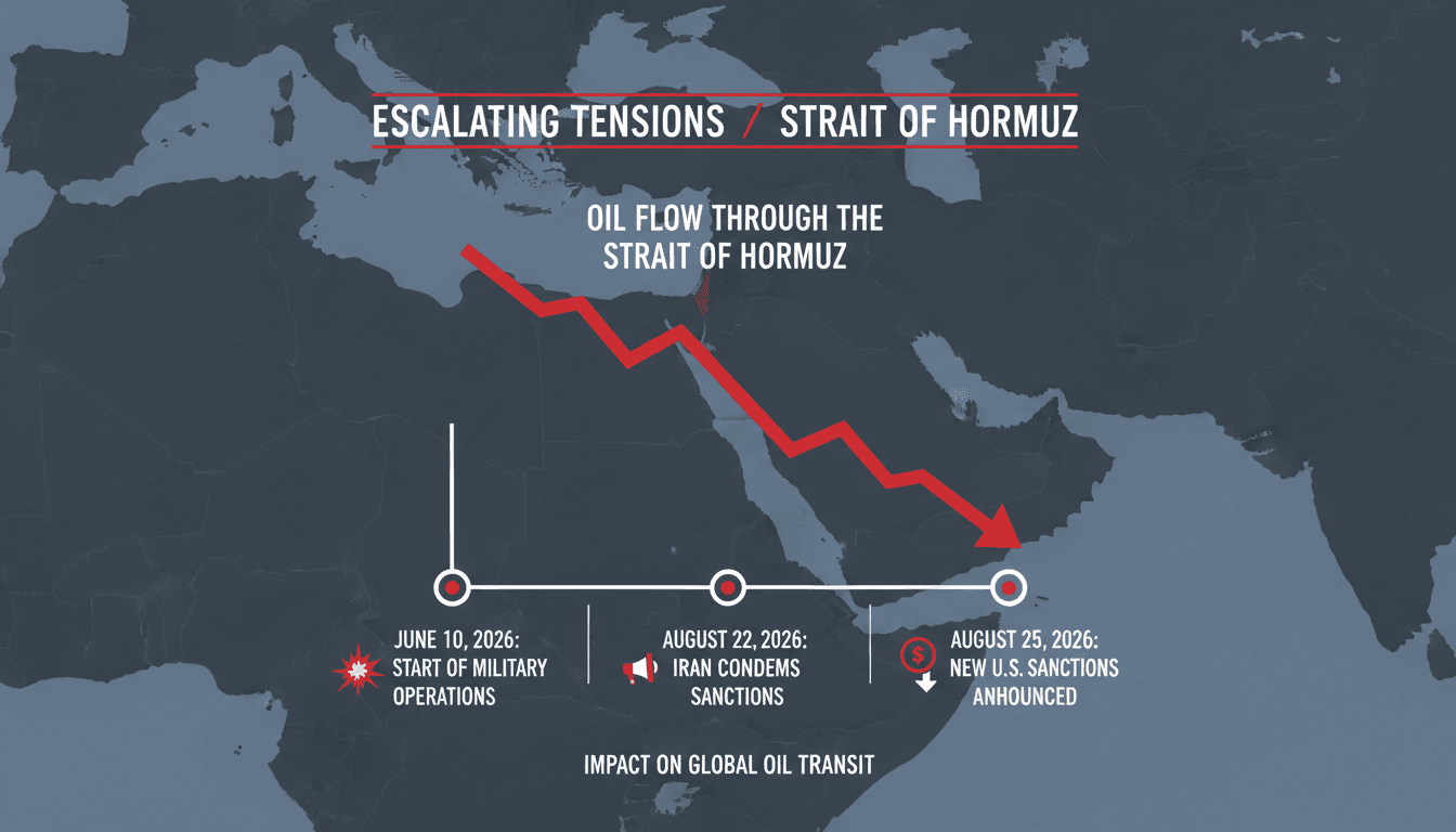 Infographic showing oil flow decline through the Strait of Hormuz and military operation timelines.