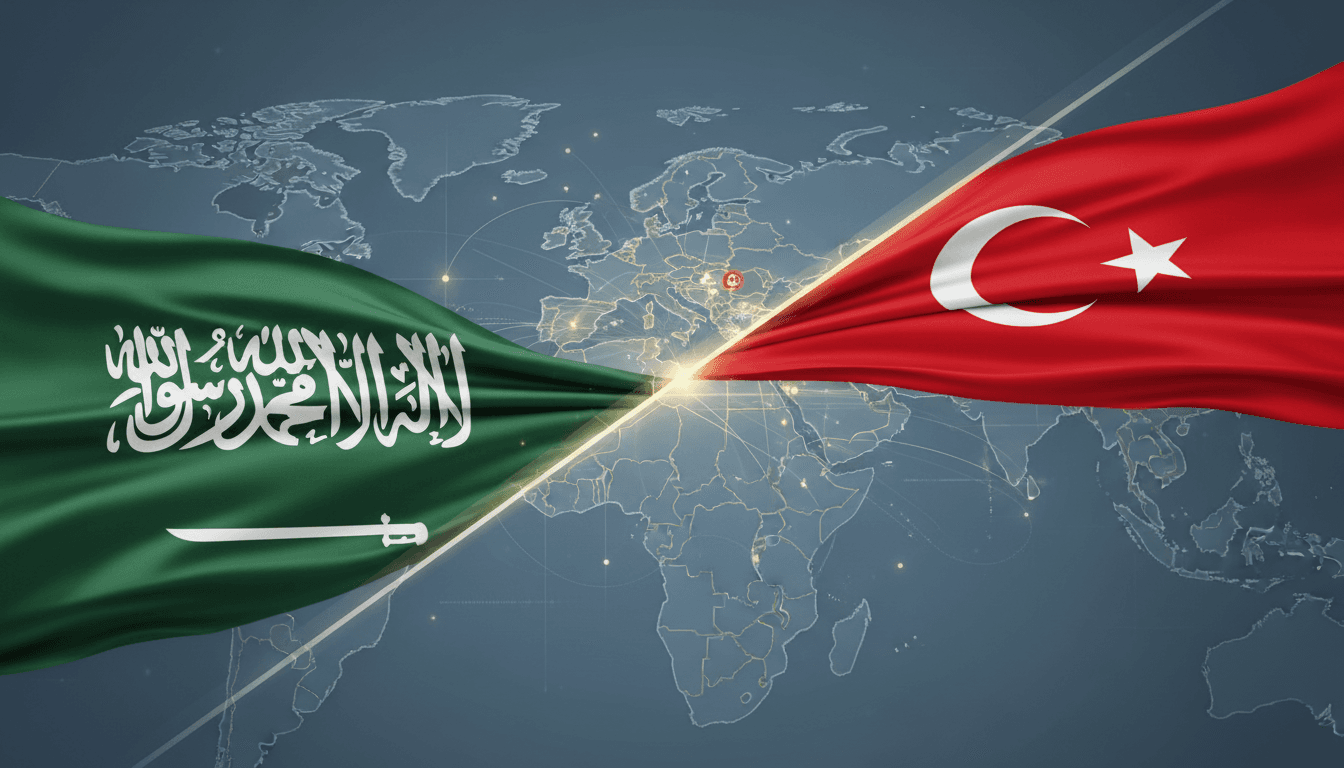 Flags of Saudi Arabia and Türkiye with a map of the Middle East, symbolizing diplomatic engagement.