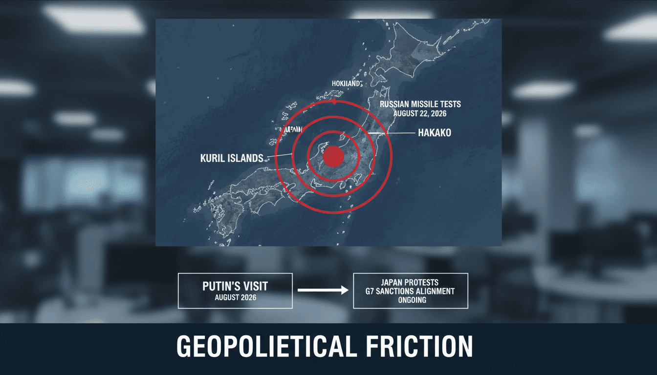 Map of Kuril Islands showing missile test ranges and Japan's territorial claims.