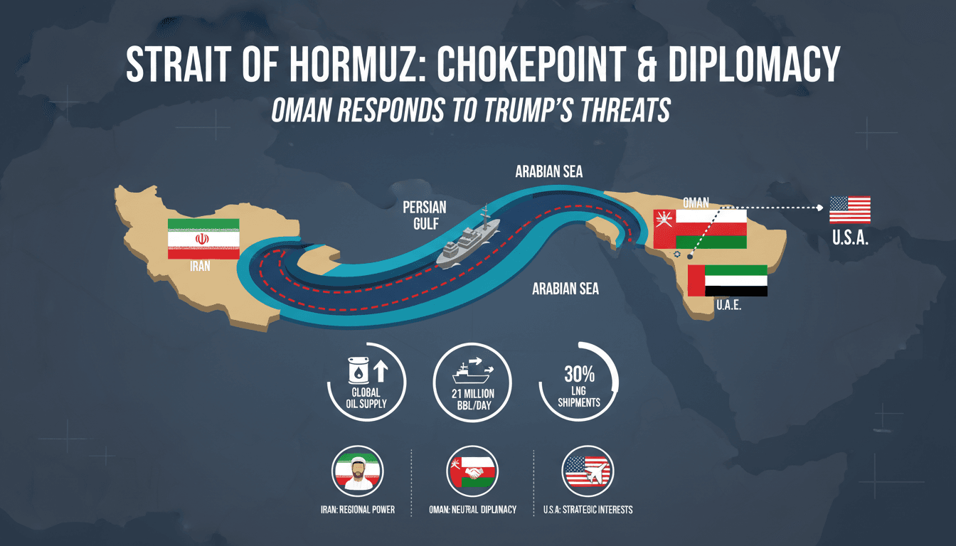 A map of the Strait of Hormuz highlighting its significance in global oil supply and ongoing diplomatic tensions.