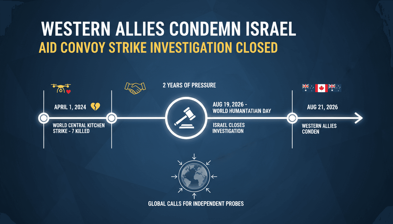 A graphic illustrating the timeline and reactions to the closure of the investigation into the World Central Kitchen strike in Gaza.