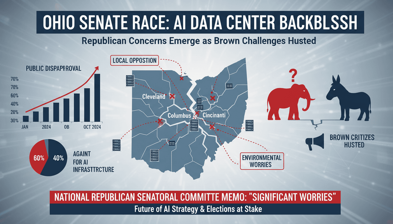 Infographic showing rising public opposition to AI data centers in Ohio, highlighting key statistics and political implications.
