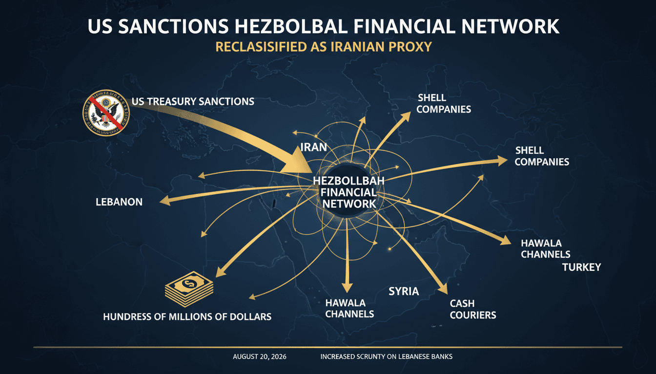 Infographic showing Hezbollah's financial network and cash-smuggling routes linked to Iran.