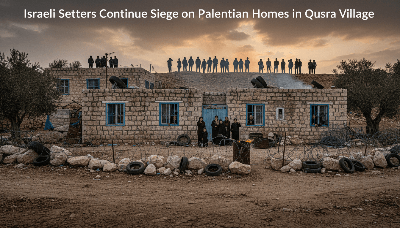 Palestinian homes under siege in Qusra, highlighting the ongoing conflict and settler violence.