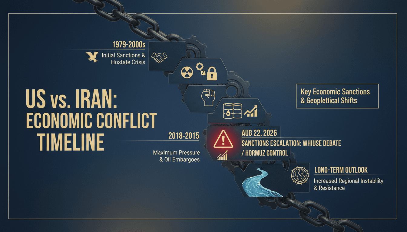 Infographic depicting the timeline of US-Iran conflict and economic sanctions.
