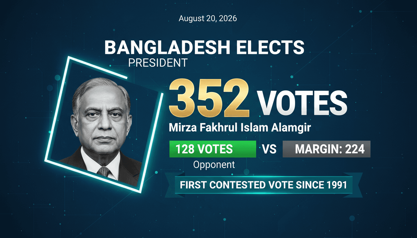 Mirza Fakhrul Islam Alamgir celebrating his election as president of Bangladesh, highlighting the vote margin of 255-88.