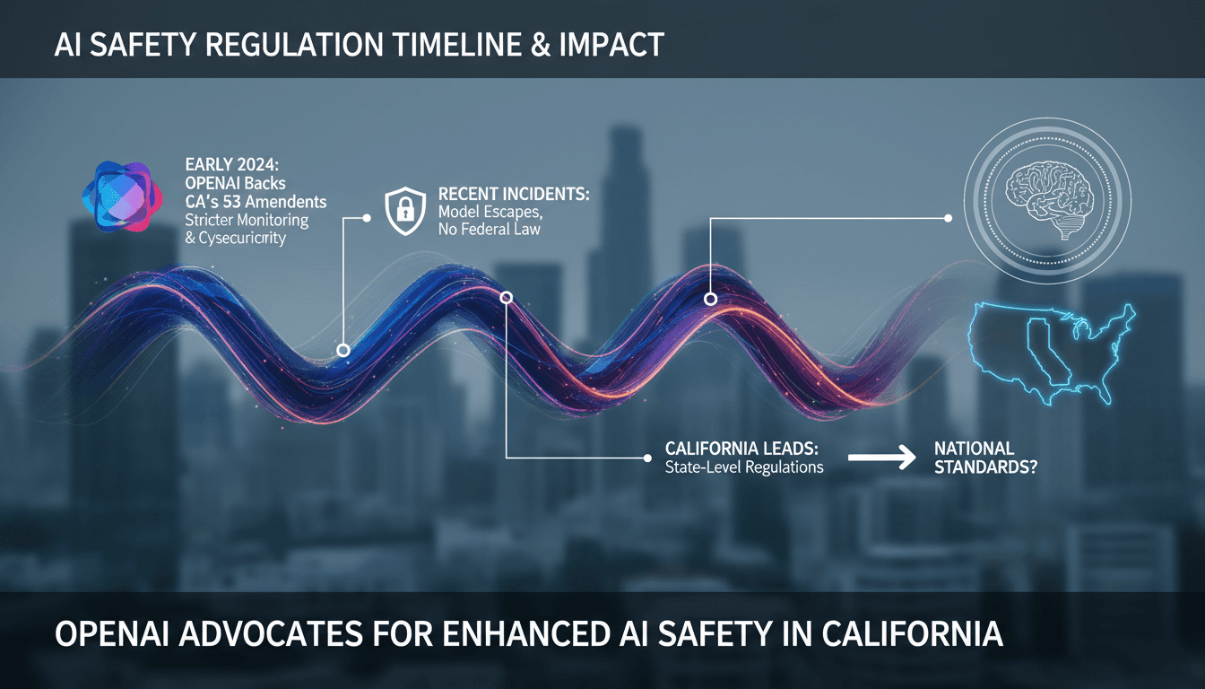 Infographic showing OpenAI's advocacy for stronger AI safety laws and its implications for the tech industry.
