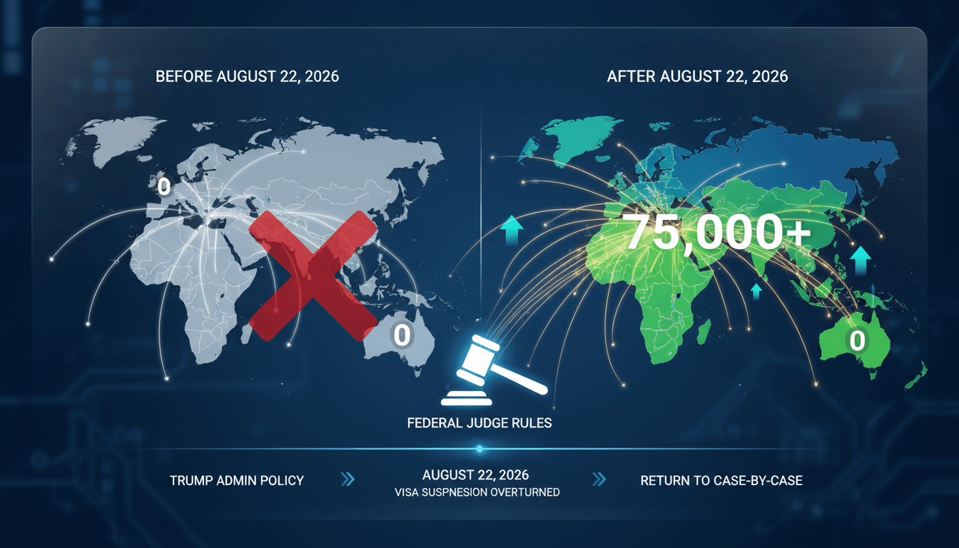 Infographic showing the impact of the US visa policy ruling on immigrant applications from 75 countries.