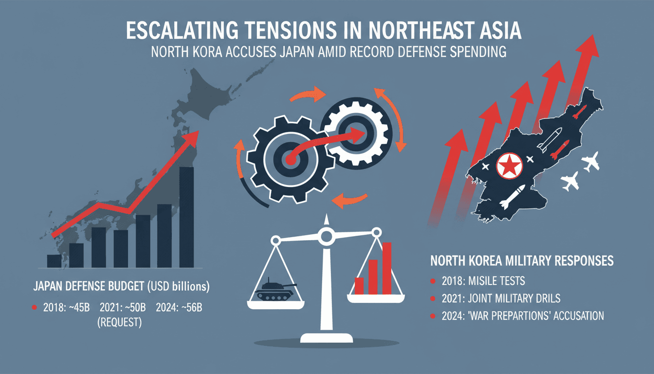 A graphic showing Japan's defense budget increase and North Korea's military responses, highlighting regional tensions.
