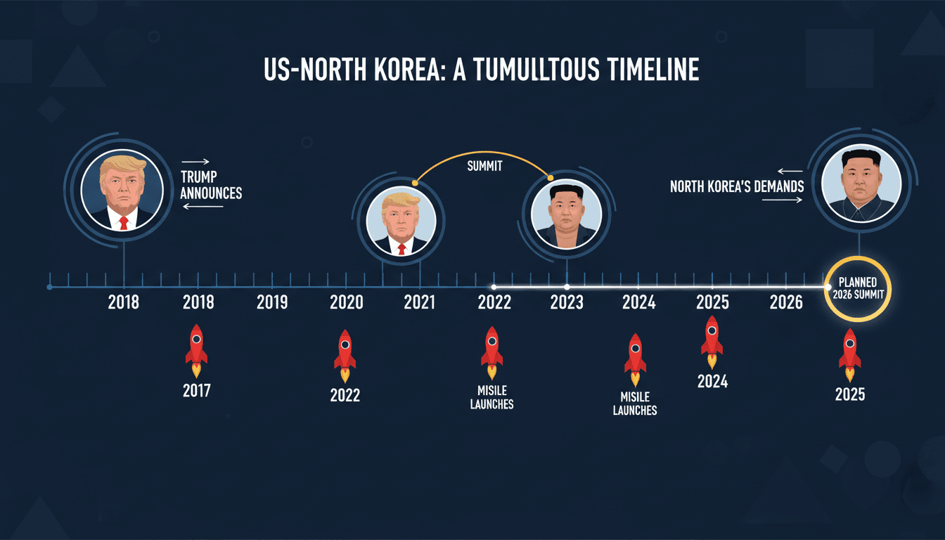 Infographic showing the timeline of U.S.-North Korea summits and missile launches.