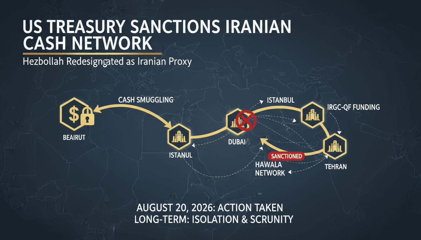 Infographic showing Hezbollah's cash smuggling routes and US sanctions impact.
