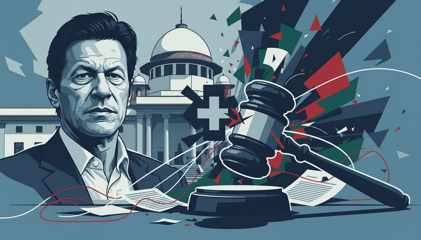 Imran Khan in front of the Supreme Court, illustrating the legal battle over his hospital transfer.