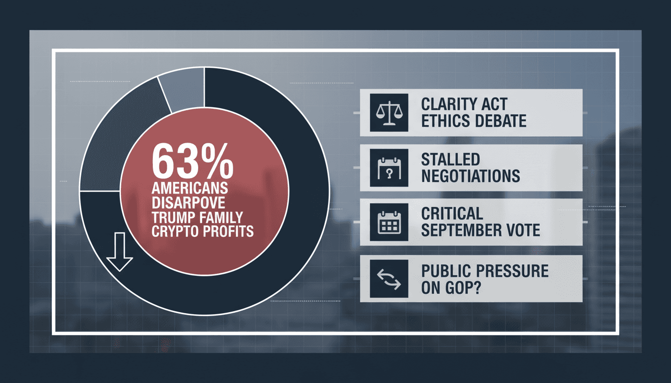 Infographic showing public sentiment on Trump family crypto profits and the ethics debate surrounding the CLARITY Act.