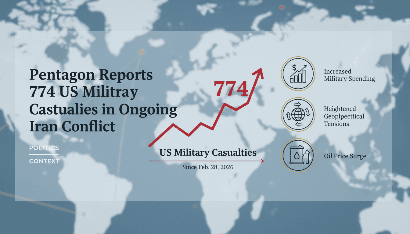 Infographic showing Pentagon data on US military casualties in the Iran conflict, highlighting financial and geopolitical impacts.