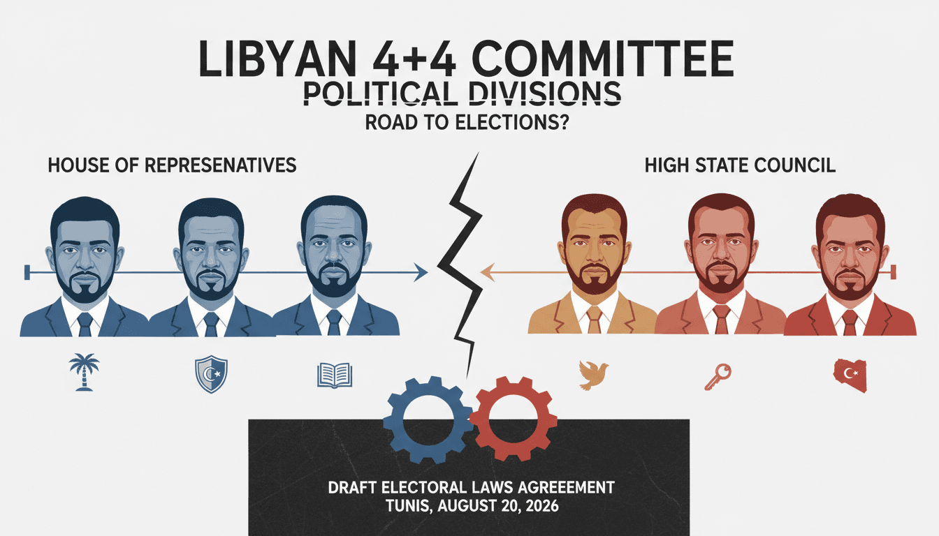 A graphic illustrating the Libyan 4+4 Committee members and their political affiliations, highlighting the electoral laws draft.