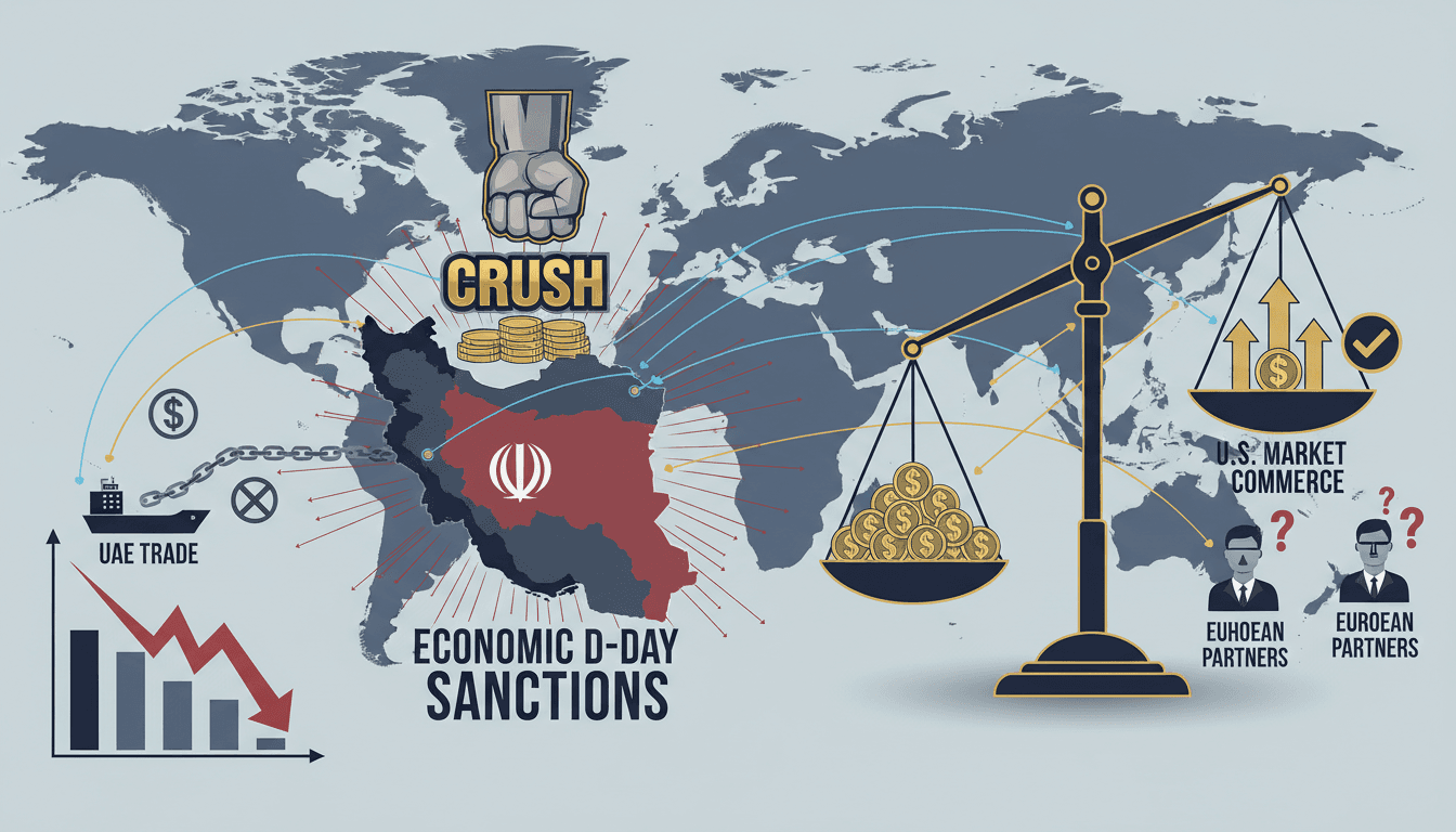Infographic showing the economic impacts of U.S. sanctions on Iran and global trade dynamics.