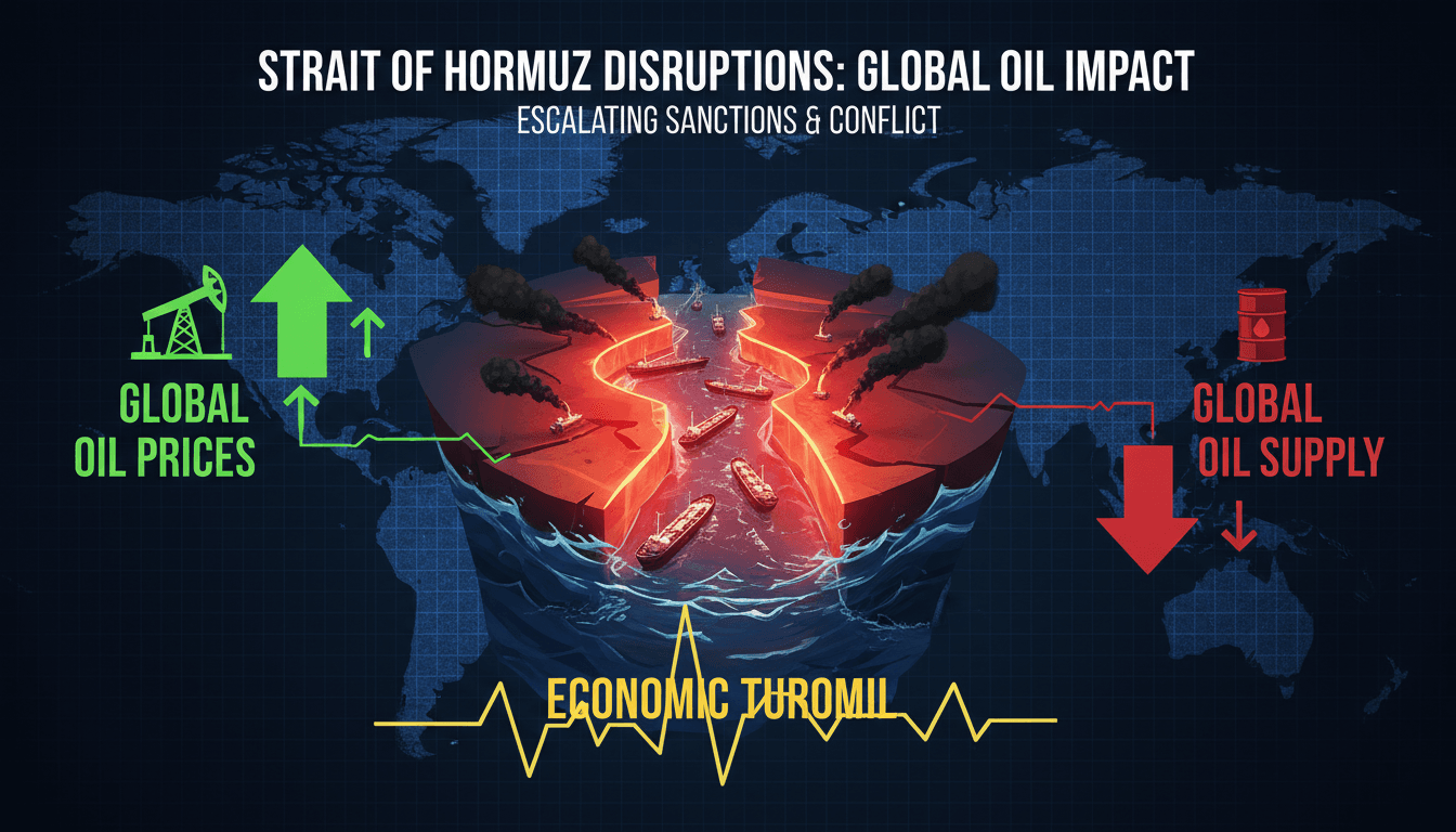 Infographic illustrating the impact of the Strait of Hormuz disruptions on global oil supply and prices.