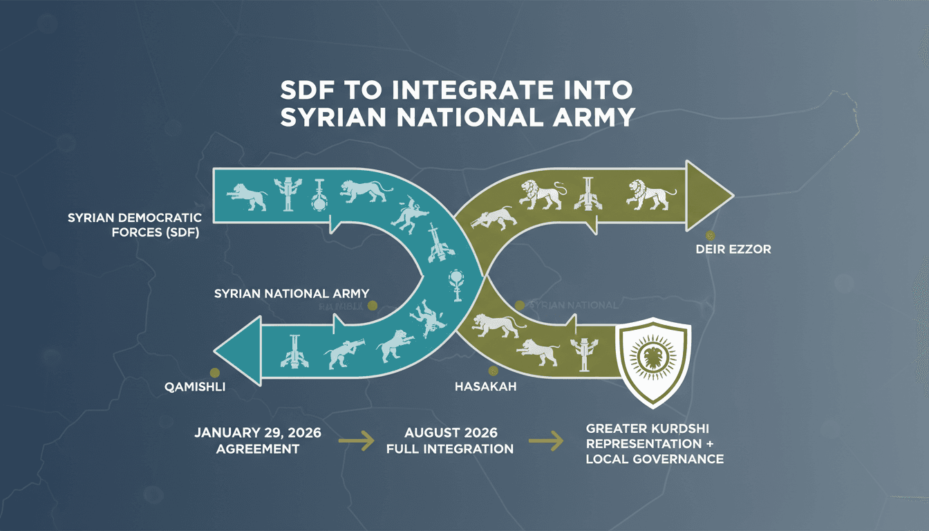 Infographic showing the integration of the SDF into the Syrian national army, highlighting key regions and governance structures.