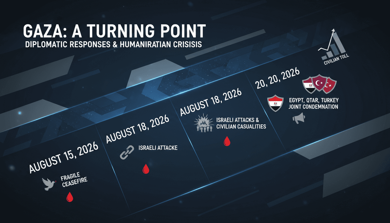 Infographic showing timeline of Gaza conflict, highlighting civilian casualties and diplomatic responses.